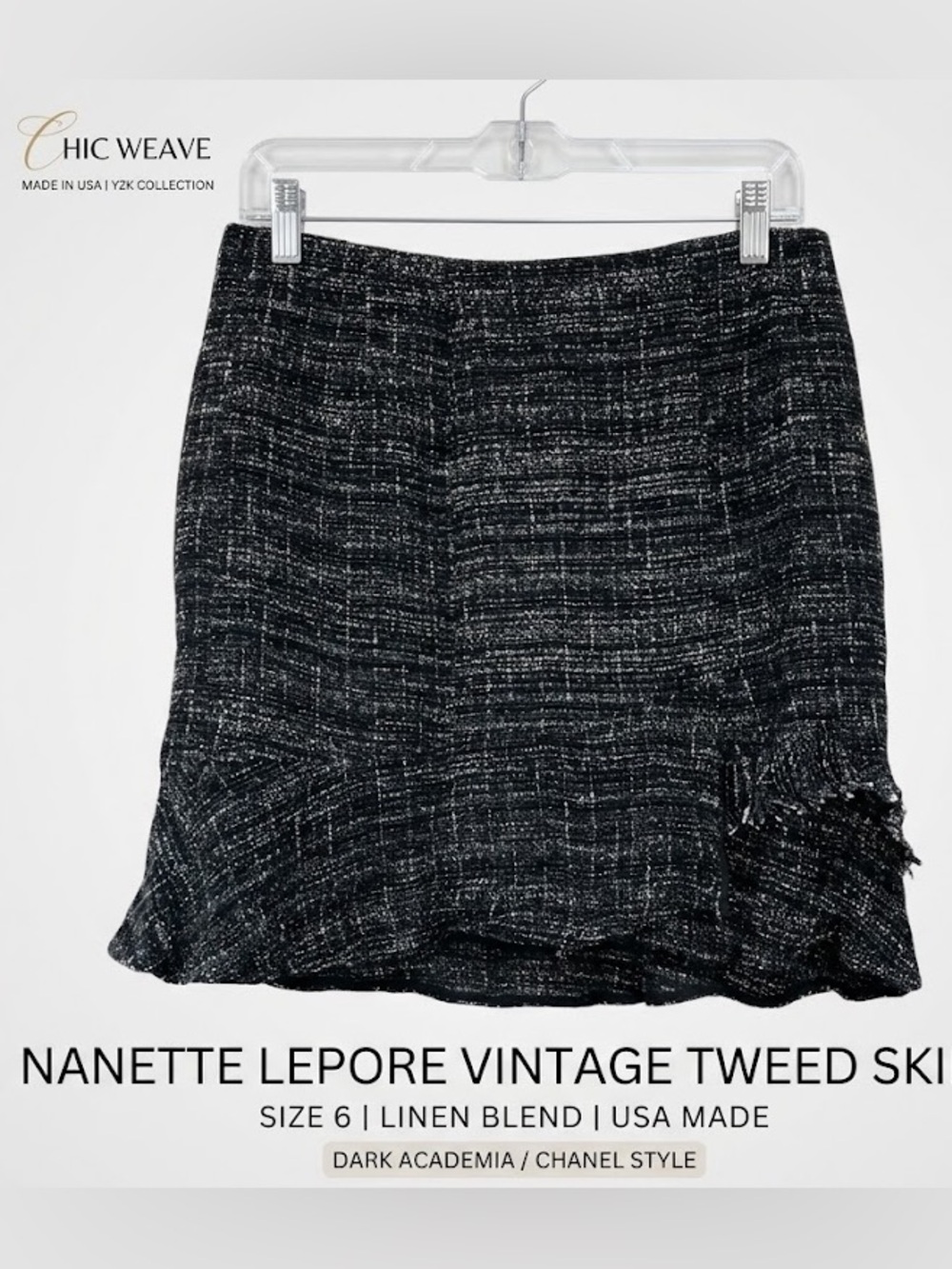 Nanette Lepore Made in USA Tweed Skirt Womens 6 Y2K Linen Black Boucle